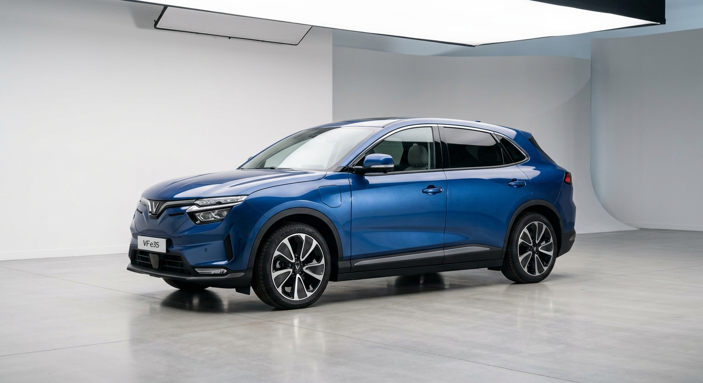 2021 VinFast VF e35 electric SUV in clean minimal studio setting with soft lighting