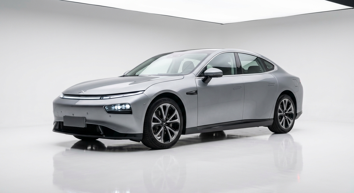 2021 Xpeng P7 electric sedan in minimalist studio setting with clean white background
