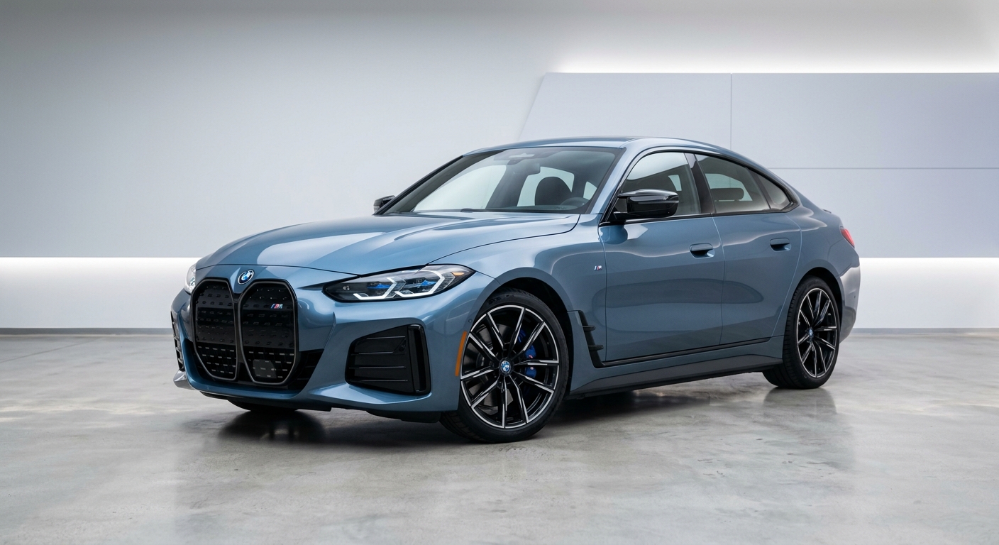 2022 BMW i4 M50 electric performance sedan in modern minimalist studio setting