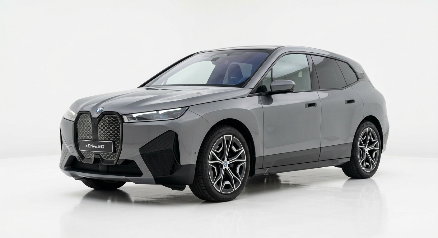 2022 BMW iX xDrive50 luxury electric SUV in mineral grey metallic photographed in clean modern studio setting