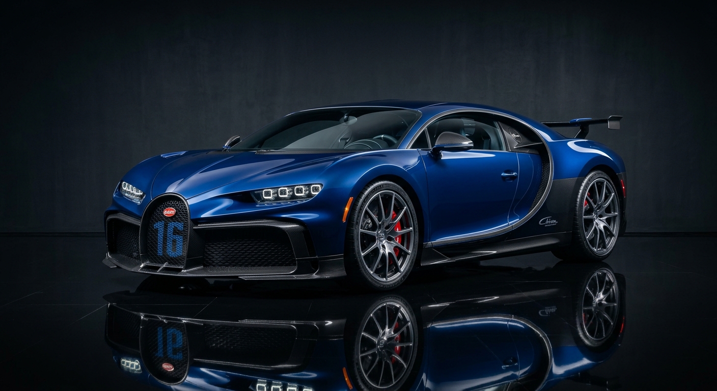 2022 Bugatti Chiron Super Sport hypercar in dark studio lighting with dramatic reflections