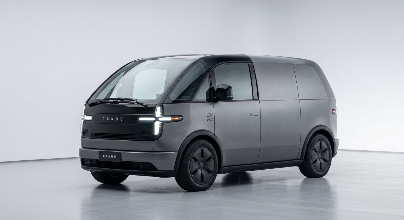 2022 Canoo Lifestyle Delivery Vehicle electric van in clean white studio setting