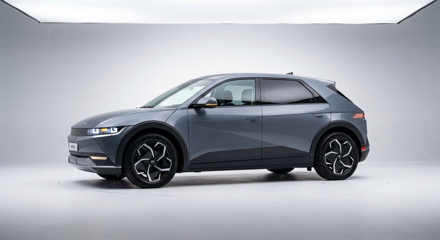 2022 Hyundai IONIQ 5 electric crossover in clean minimal studio with white background and soft diffused lighting