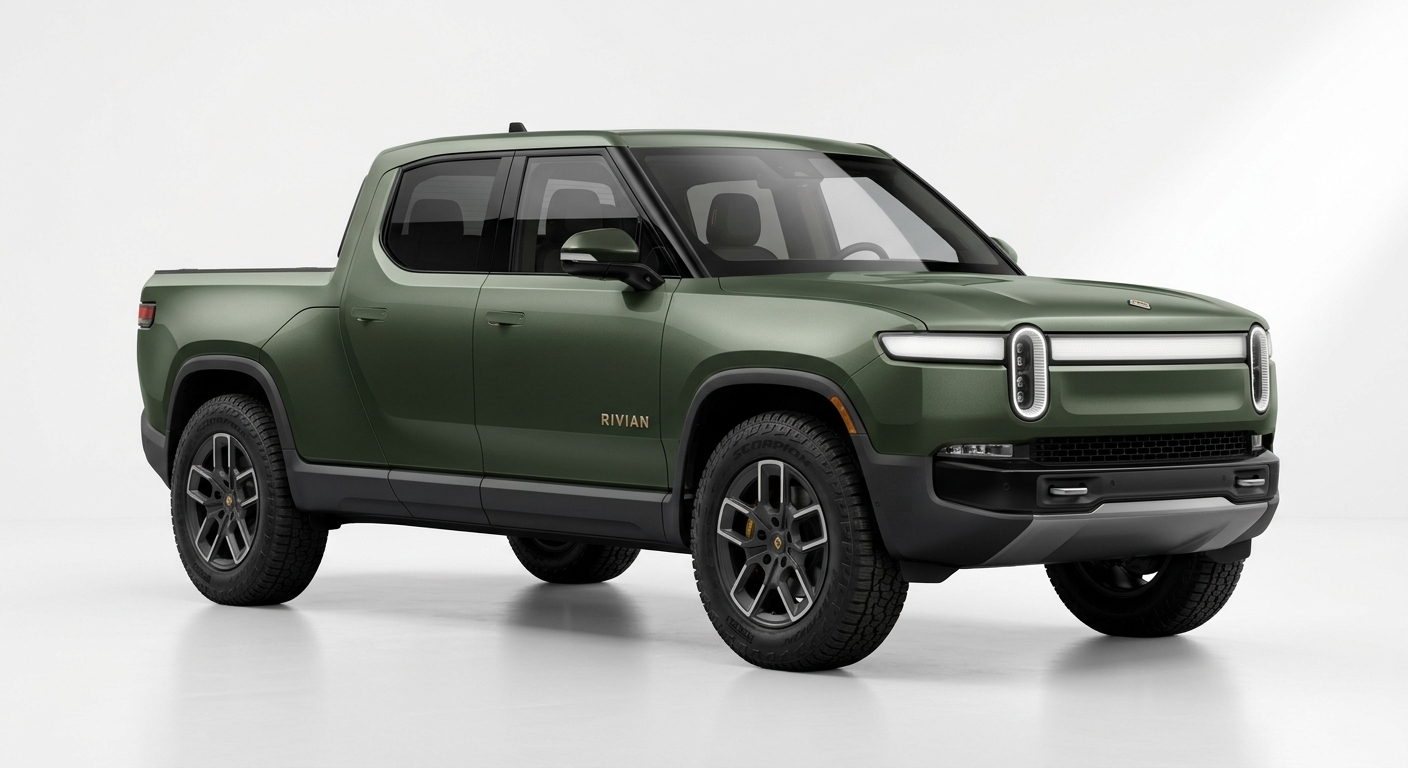 2022 Rivian R1T electric pickup truck in Launch Green, photographed in clean studio lighting against white background