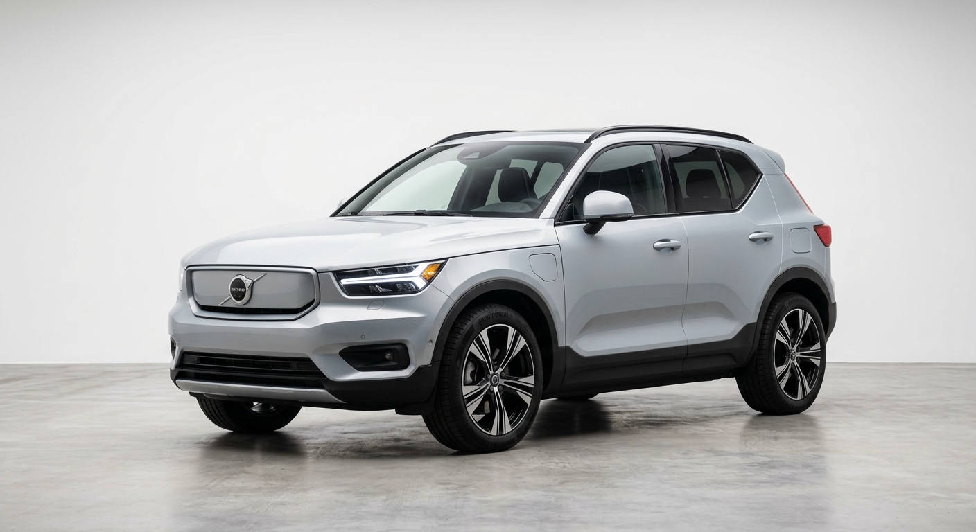 2022 Volvo XC40 Recharge Pure Electric crossover SUV in glacier silver, photographed in a clean minimal studio with white background and soft lighting