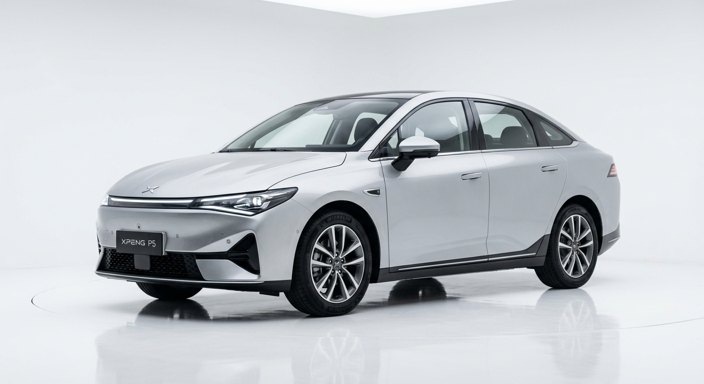2022 Xpeng P5 electric sedan in clean minimal studio with white background and soft lighting