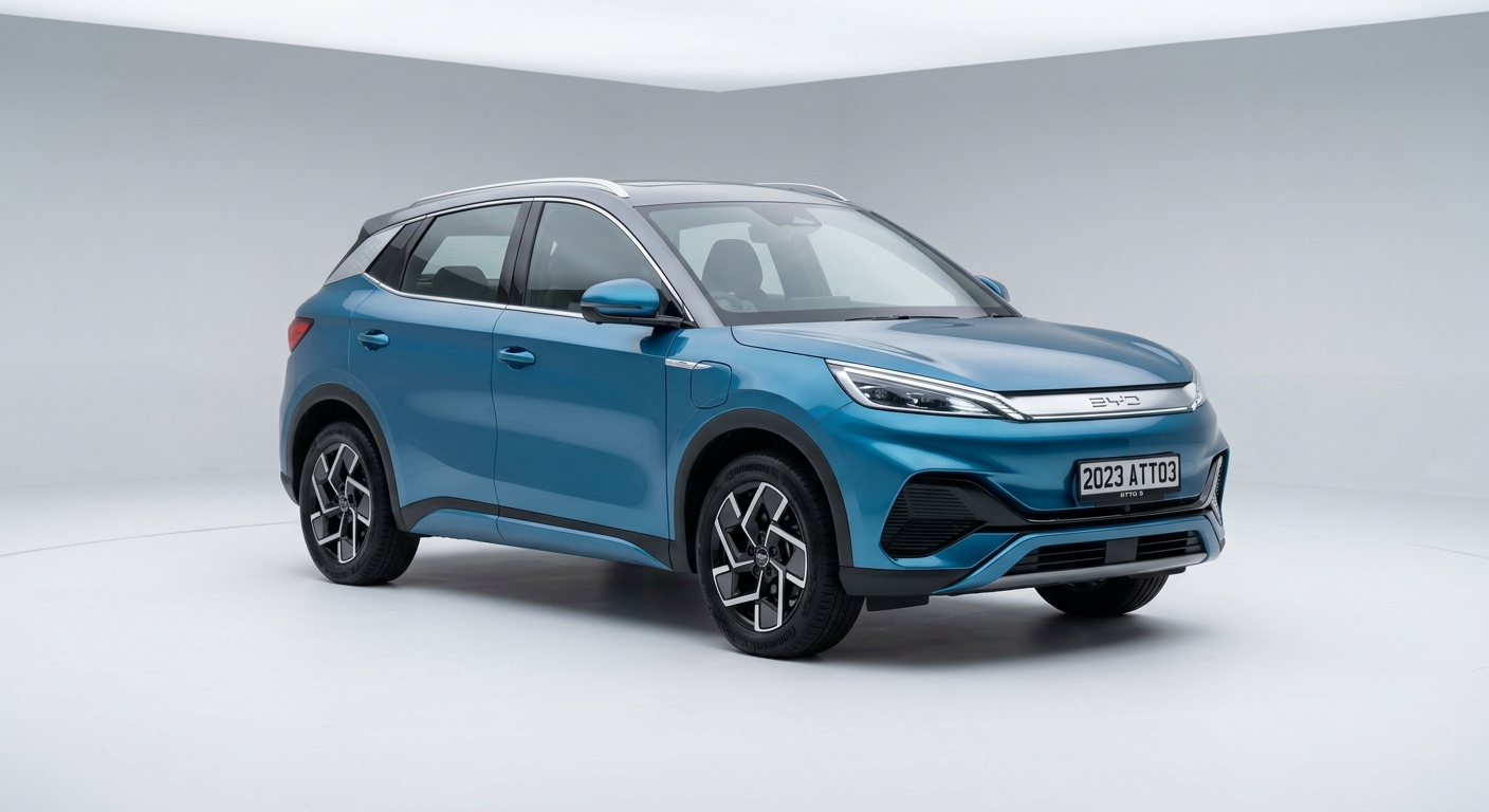 2023 BYD Atto 3 electric crossover in clean minimal studio lighting with white background