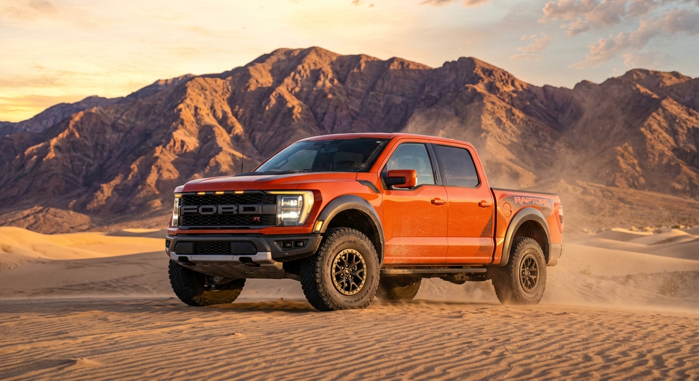 2023 Ford F-150 Raptor R pickup truck in dramatic desert landscape with mountains in background
