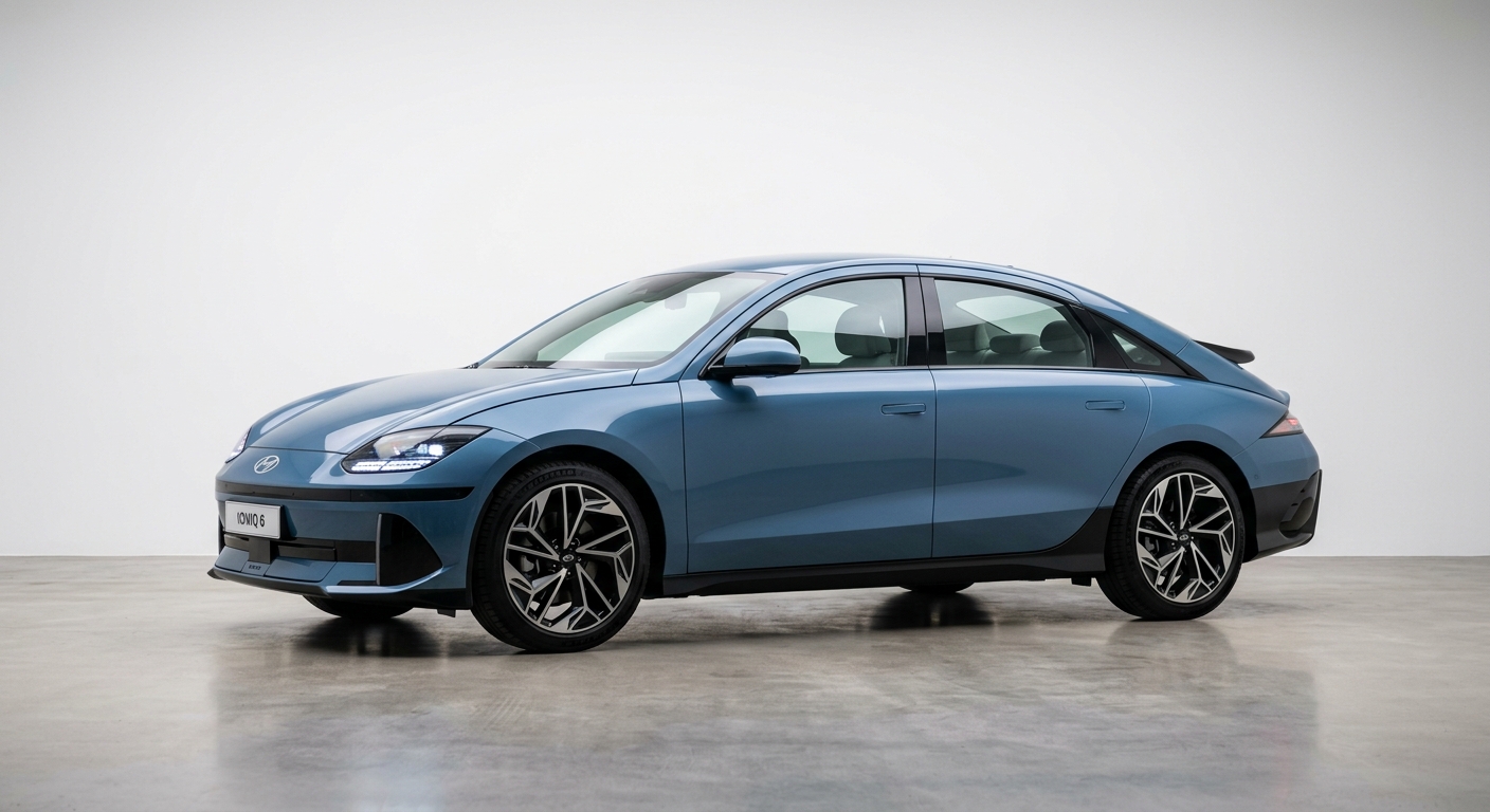 2023 Hyundai IONIQ 6 electric sedan in clean minimalist studio with soft lighting showcasing its aerodynamic silhouette