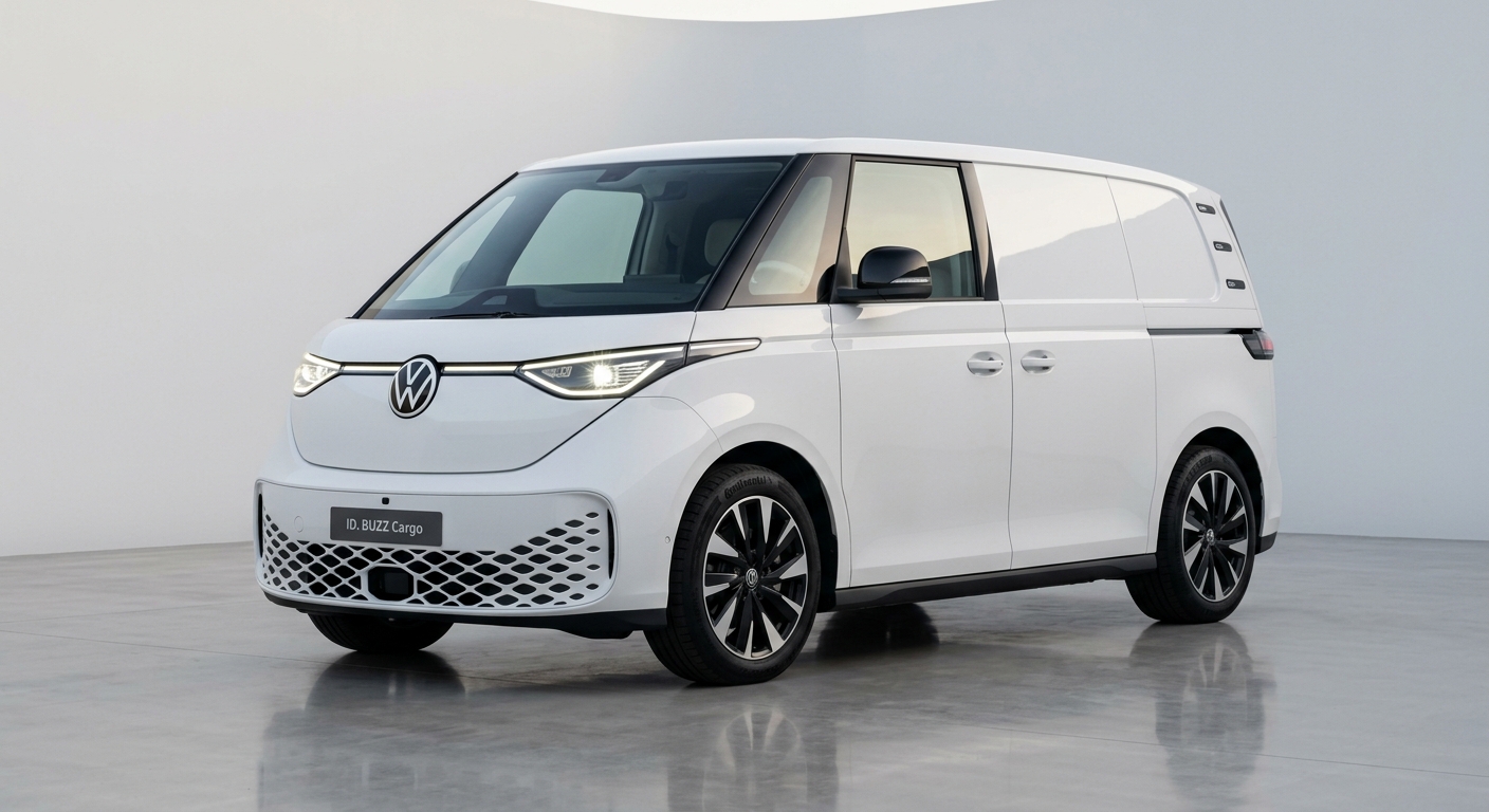 2023 Volkswagen ID.Buzz electric van in clean minimal studio with white background and soft lighting