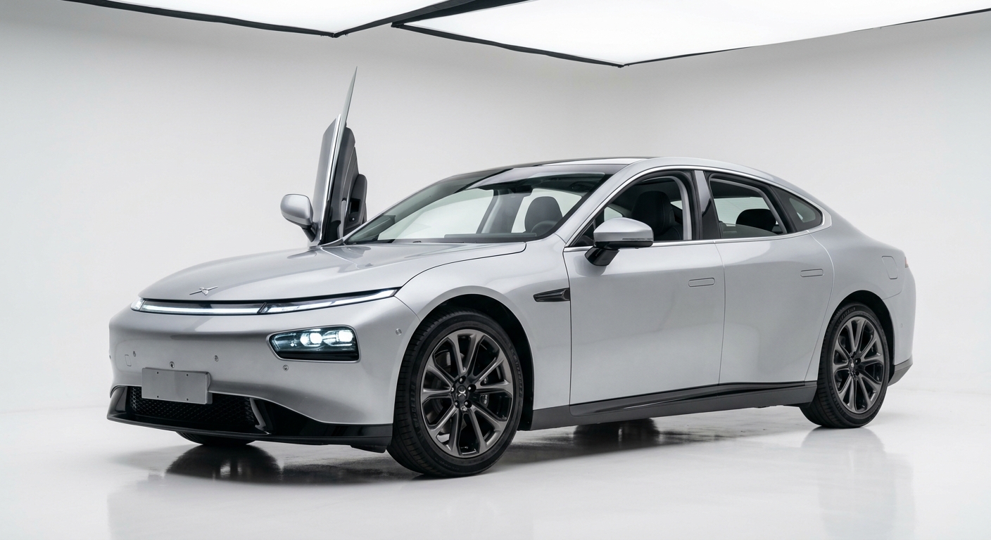 2023 XPeng P7 Wing electric sedan in silver displayed in clean modern studio setting