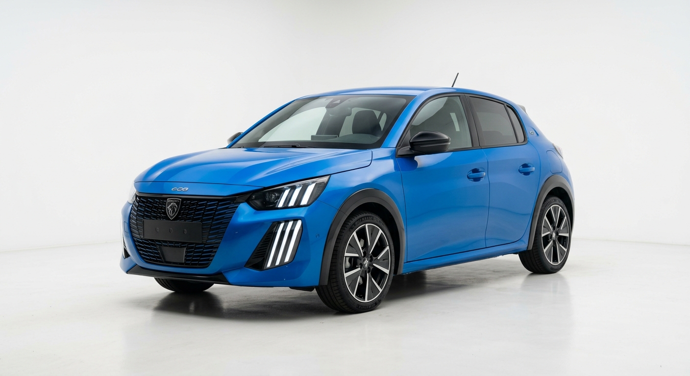 2024 Peugeot e-208 GT electric hatchback in blue finish in modern studio setting