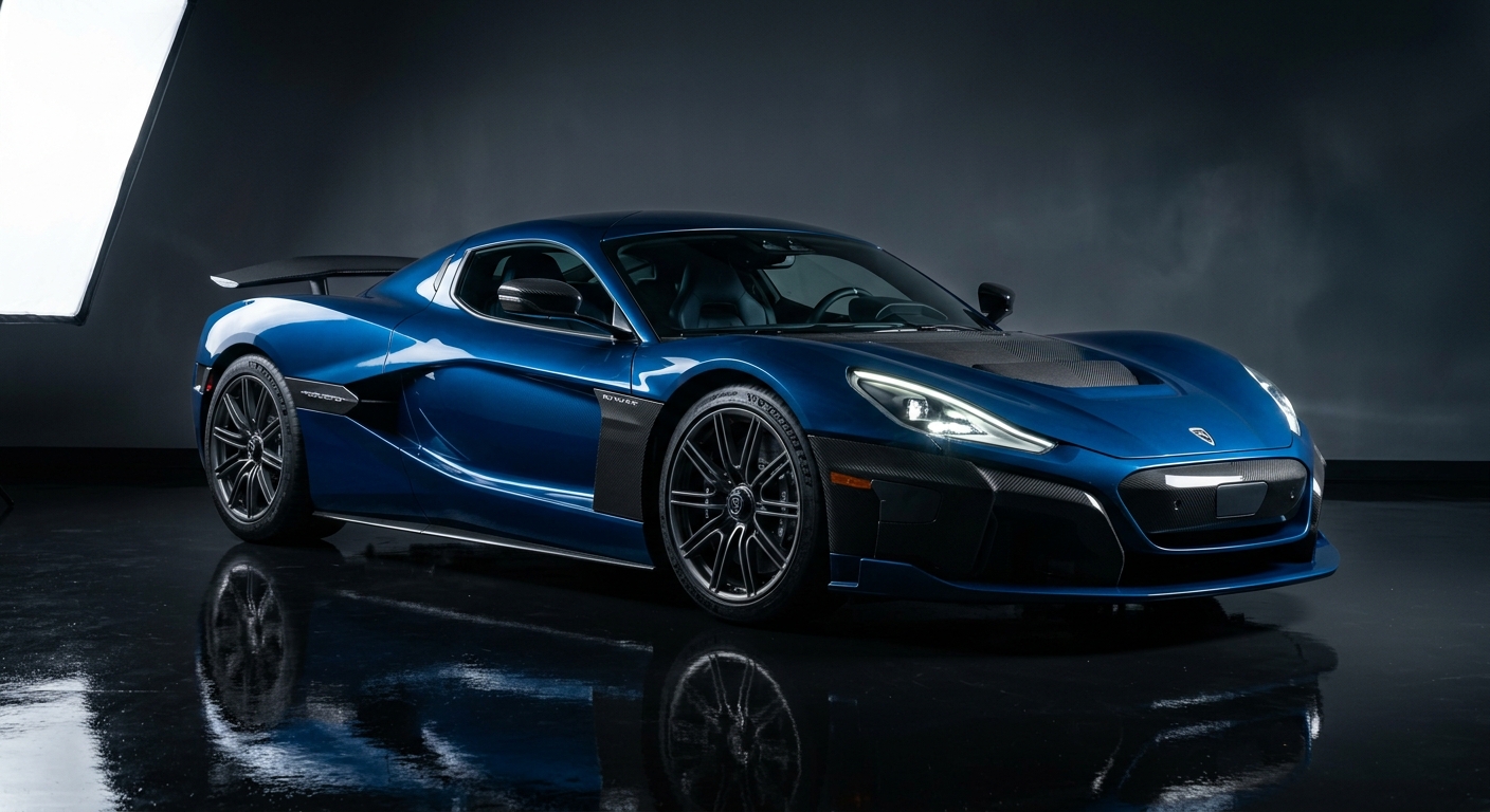 2024 Rimac Nevera R electric hypercar in dramatic low-key studio lighting with dark background and reflective floor