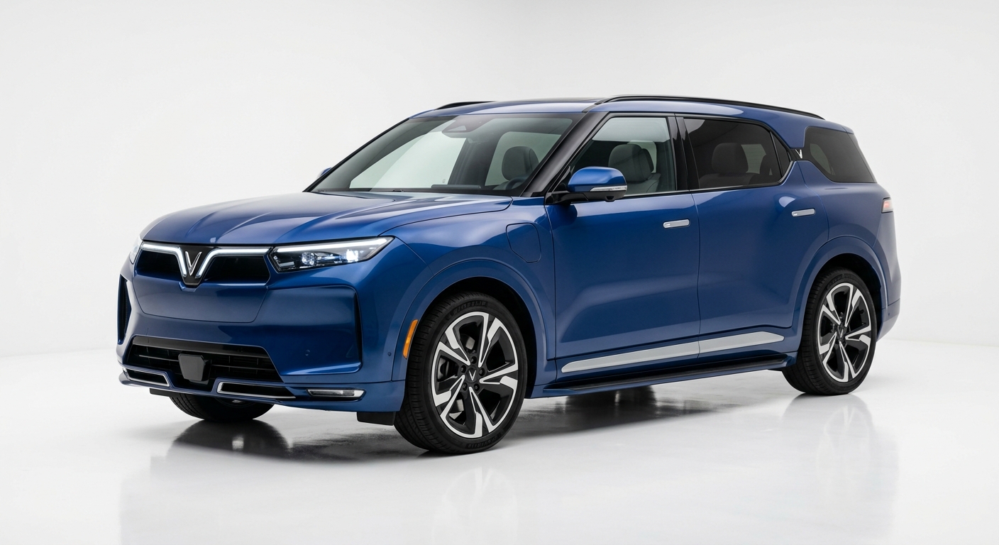 2024 VinFast VF 9 electric SUV in clean minimal studio setting with white background and soft lighting