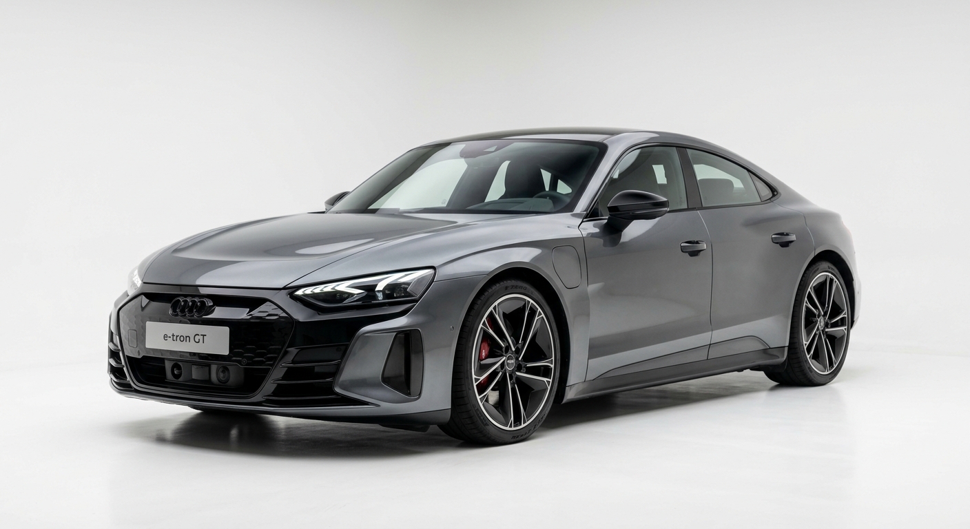 2025 Audi e-tron GT RS electric performance sedan in clean minimal studio setting with soft lighting